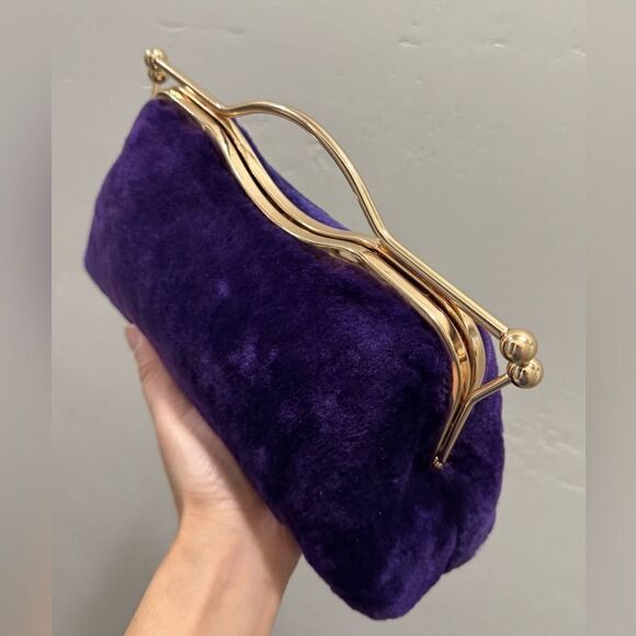 Purple Real Shearling Leather Double Kisslock & Top Handle Clutch with 2 Straps - Picture 13 of 16
